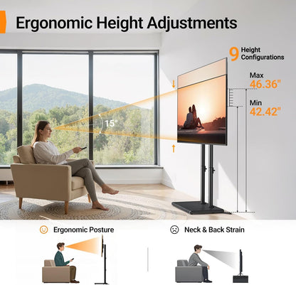 Universal Floor TV Stand for 32–75" Tvs up to 110 Lbs, Height-Adjustable Tall TV Stand with Solid Wood Base & Extra-Stable Anti-Tip Feet, Swivel TV Mount for Bedroom, VESA 400X400, PGFLS34B6