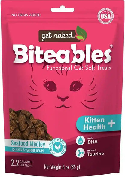 Get Naked Biteables Daily Soft Cat Treats with High Quaility Protein, Chicken and Seafood Flavor, Made with Real Chicken, Omega 3, Functional Kitten Treats for Growing Cats, Grain-Free, 3Oz1