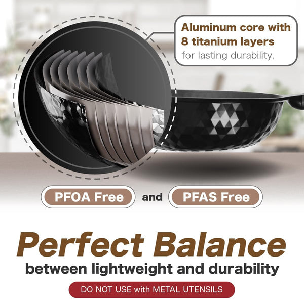 Diamond X Premium Non Stick Wok Pan with Lid - 11" Large Flat Bottom Chinese Wok - Woks & Stir-Fry Pans Nonstick - Titanium-Coated 8-Layered Korean Engineered Skillet for Frying, Oil-Free, Pfoa-Free5