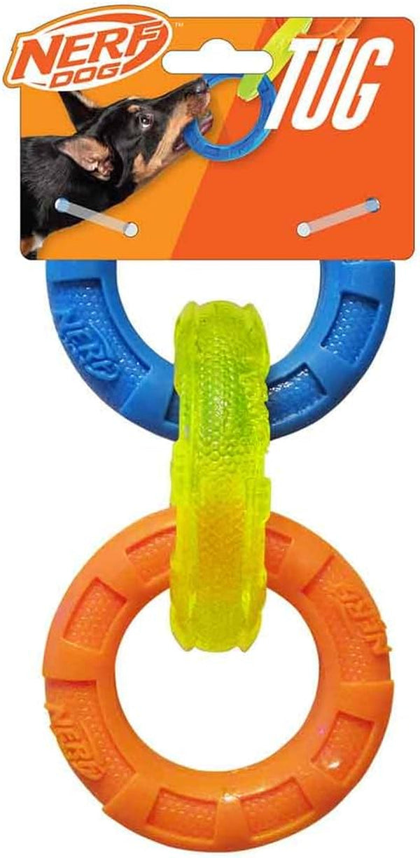Nerf Dog 3-Ring Tug Outdoor Dog Toy, 10.5 Inch Ring Dog Tug Toy for Medium and Large Breeds, Blue/Green/Orange3