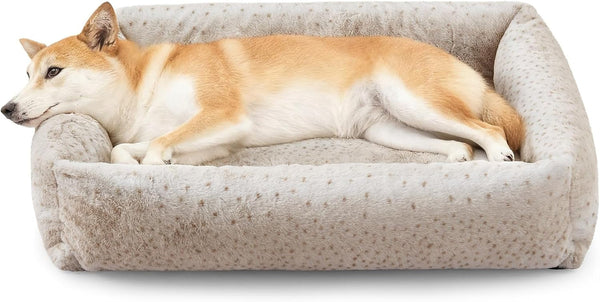 JOEJOY Dog Bed Medium Size Dog, Removable Washable Cover Orthopedic Soft Pet Bed, Anti-Slip Fluffy Plush Faux Rabbit Fur Puppy Bed, 30"X24"X8", Leopard Print, Grey28