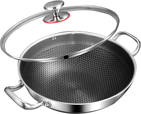 Wok Pan, Hybrid Nonstick Wok with Lid, Non Stick Stainless Steel Large Deep Woks&Stir-Fry Pans,Stay-Cool Handle Skillets,Pfoa Free Cookware, Works on Induction,14.17In1