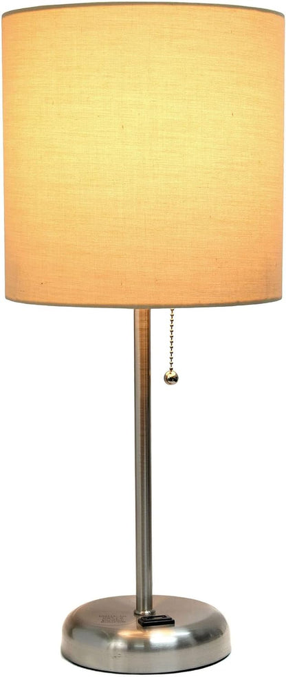 Oslo 19.5" Contemporary Bedside Power Outlet Base Standard Metal Table Desk Lamp in Brushed Steel with Tan Drum Fabric Shade2