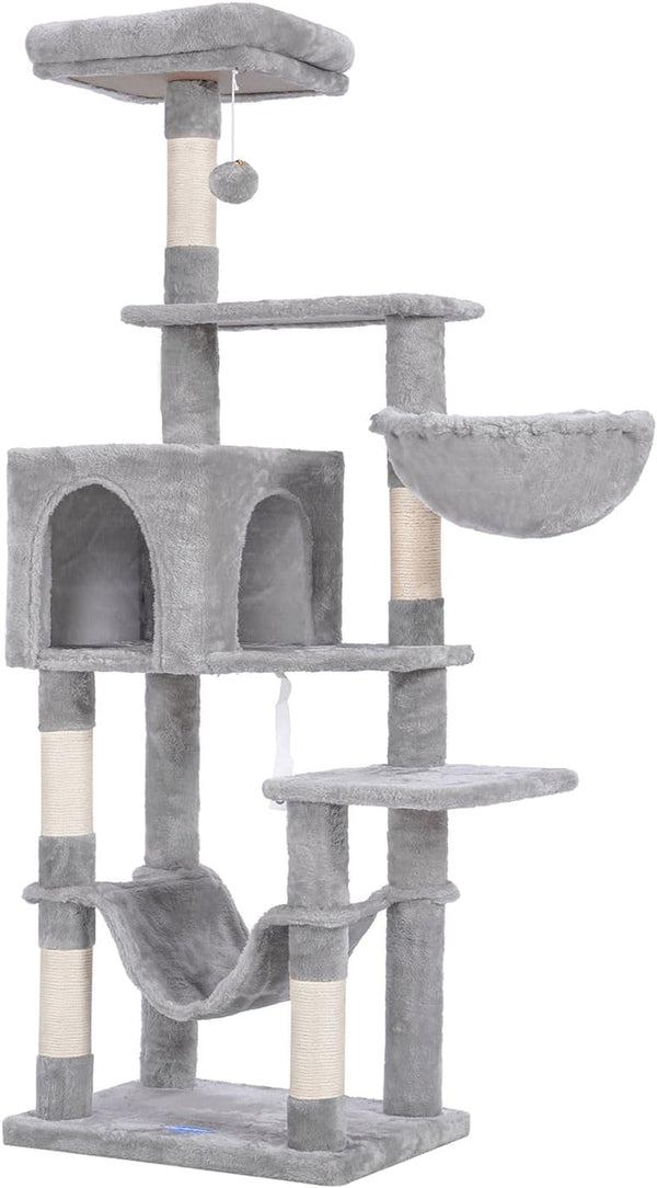 Hey-Brother Cat Tree with Large Hammock, Multi-Level Cat Tower for Indoor Cats, Cat Condo with Sisal-Covered Scratching Posts and Top Perch, Light Gray MPJ050W7