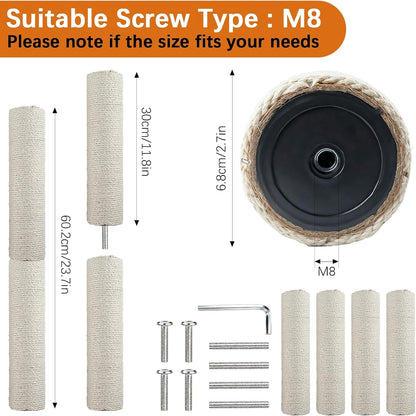 4 Pcs Cat Scratching Post Replacement 12In Cat Tree & Tower Scratch Pole Refill Parts with M8 Screws Sisal Rope Cat Furniture Protector2