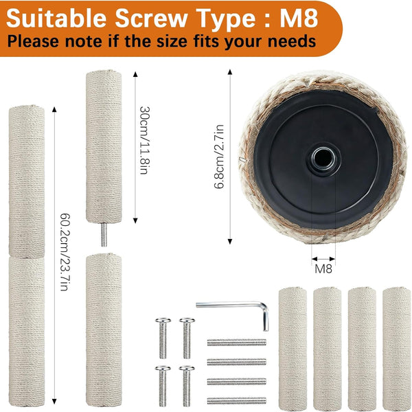 4 Pcs Cat Scratching Post Replacement 12In Cat Tree & Tower Scratch Pole Refill Parts with M8 Screws Sisal Rope Cat Furniture Protector2