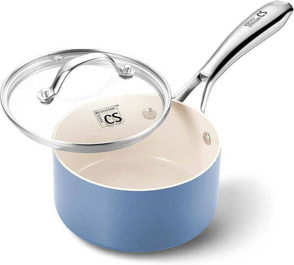 Small Saucepan with Lid, 1 Quart Nonstick Sauce Pan with PFAS-FREE Ceramic Coatings, Non-Toxic, Scratch-Resistant Small Cooking Pot with Lid, 1QT Small Sauce Pan, Blue1