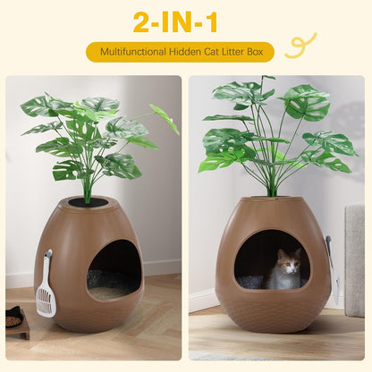 Eggloa6 Hidden Cat Litter Box with Artificial Plants ＆ Odor Removal System, Egg-Shaped Enclosure Includes Scoop ＆3PCS Liners Secret, Discreet Furniture, DIY Assembly Cat Litter Box Cabinet (Brown)8