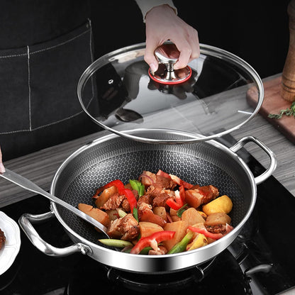 Wok Pan, Hybrid Nonstick Wok with Lid, Non Stick Stainless Steel Large Deep Woks&Stir-Fry Pans,Stay-Cool Handle Skillets,Pfoa Free Cookware, Works on Induction,14.17In2