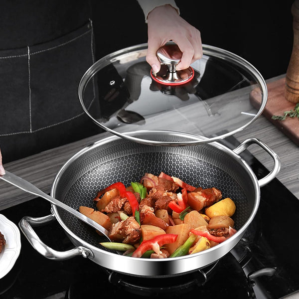 Wok Pan, Hybrid Nonstick Wok with Lid, Non Stick Stainless Steel Large Deep Woks&Stir-Fry Pans,Stay-Cool Handle Skillets,Pfoa Free Cookware, Works on Induction,14.17In2