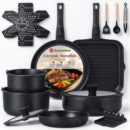 21 Pcs Pots and Pans Set Non Stick with Detachable Handle & Grill Pan, Induction Ceramic Cookware Set, Non Toxic Kitchen Pots and Pans Set for Rvs,Camping, Oven/Dishwasher Safe, Black1