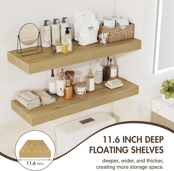 48 Inch Floating Shelves, 12" Deep Floating Shelf Wall Mounted, 48" Wall Shelves, Rustic Deep Bookshelf, Extra Deeper & Thicker Display Shelves for Bedroom, Living Room, Oak, Set of 25