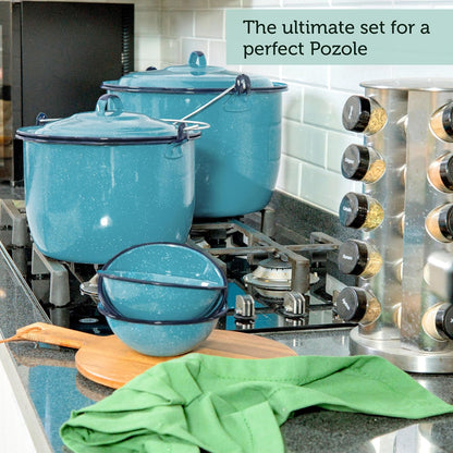 8-Piece Enameled Steel Stock Pots (14 & 8 QT) with Lids, Turquoise Blue Cookware Set2