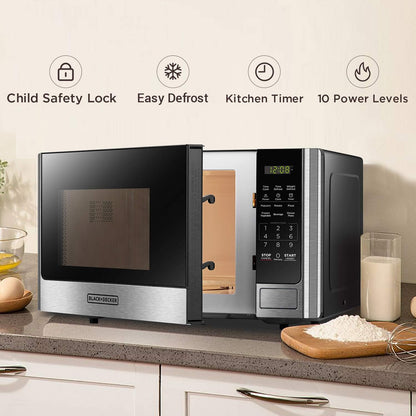 BLACK+DECKER Countertop Microwave Oven, 0.9 Cu.Ft, 900W, Stainless Steel | 10 Power Levels, Push-Button Door, Child Safety Lock, Countertop, 6 Auto Cook Presets4