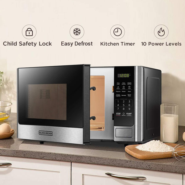 BLACK+DECKER Countertop Microwave Oven, 0.9 Cu.Ft, 900W, Stainless Steel | 10 Power Levels, Push-Button Door, Child Safety Lock, Countertop, 6 Auto Cook Presets4