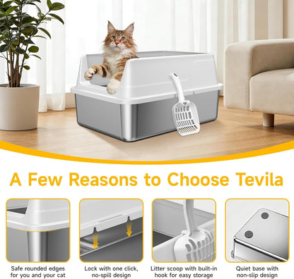 Stainless Steel Cat Litter Box with Scoop,M Metal Pan for Kittens | Metal Litter Box with High Sides & Lid, Open Top Low Entry , Non-Stick Easy Clean ，Kitty Cat Box for Indoor Cats, High Wall7