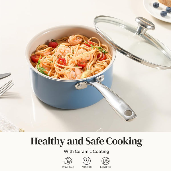 Nonstick Ceramic Sauce Pan with Lid, 2.5QT Small Cooking Pot with Stay-Cool Handle, Kitchen Non Toxic Soup Pot, PTFE & PFOA Free, Oven & Dishwasher Safe, Compatible with All Stovetops-Blue6