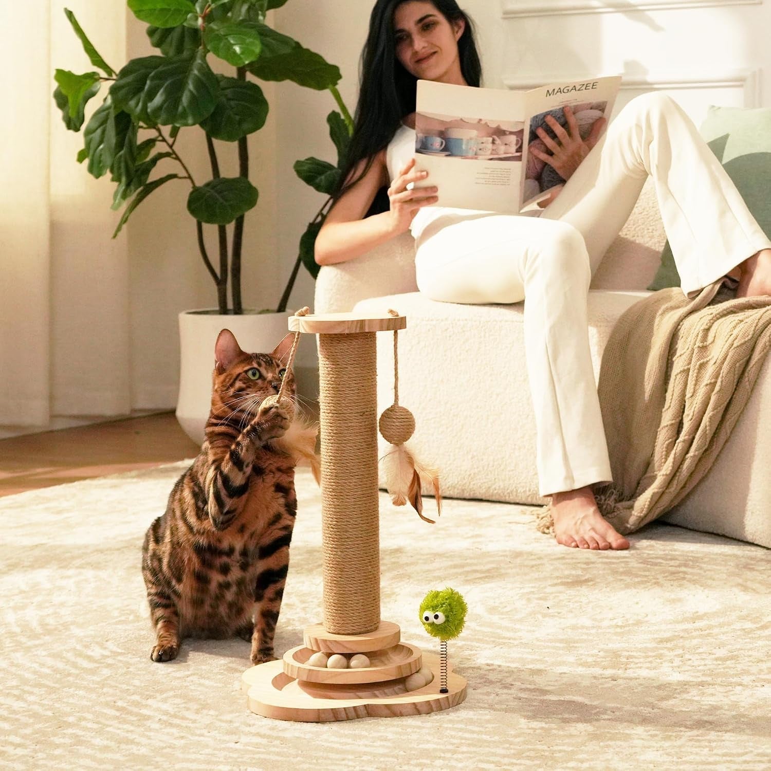 tinybeast-wooden-cat-scratching-post-fot-kittens-4-in-1-cat-scratcher-toy-with-cat-ball-tracks-18-tall-sisal-scratch-post-for-indoor-kittens-interactive-feather-toy-and-2-sisal-hanging-balls