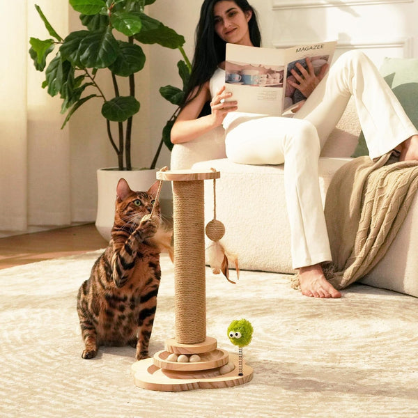 TINYBEAST Wooden Cat Scratching Post Fot Kittens, 4 in 1 Cat Scratcher Toy with Cat Ball Tracks, 18" Tall Sisal Scratch Post for Indoor Kittens, Interactive Feather Toy and 2 Sisal Hanging Balls8