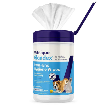 Vetnique Glandex Rear End Wipes for Dogs & Cats, Anal Gland Hygiene | Deodorizing Dog & Cat Wipes for Paws & Butt, Boot the Scoot with Deoplex Enzyme, Aloe & Vitamin E, Alcohol Free, 75Ct1