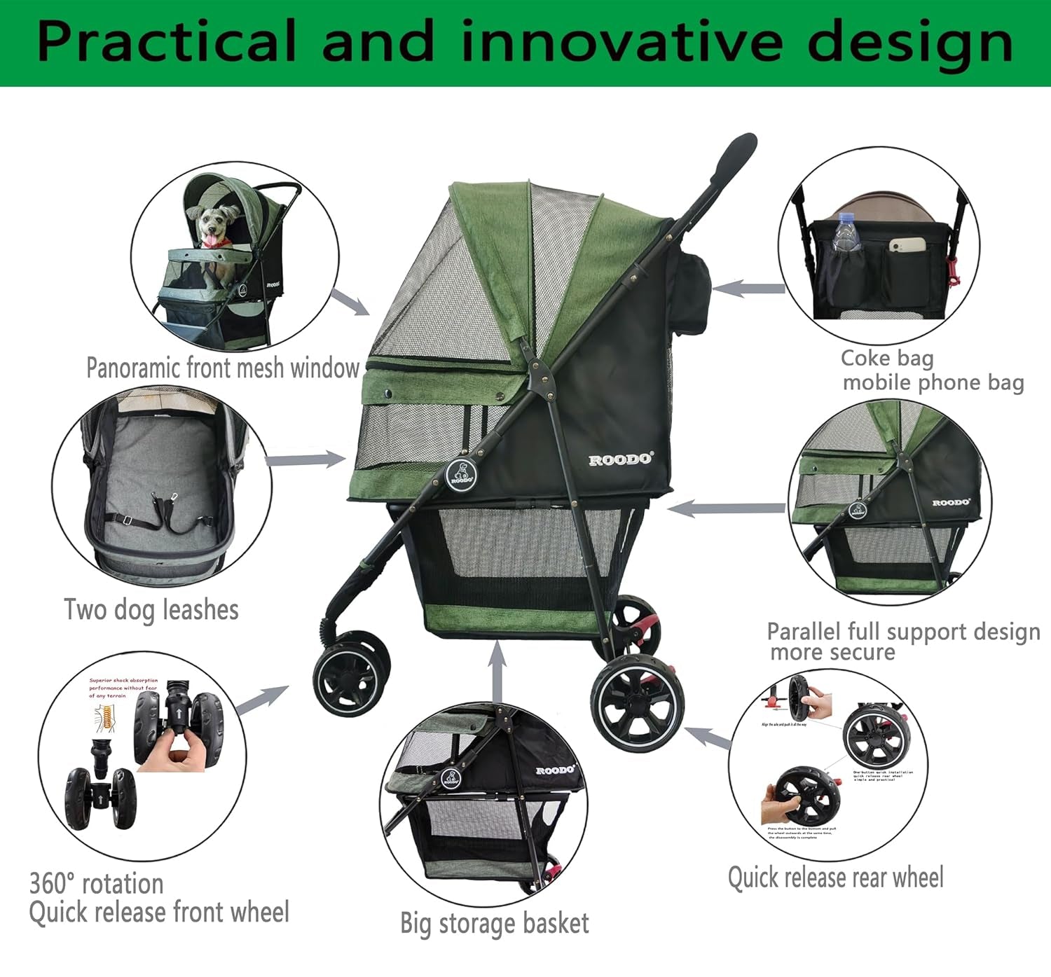 roodo-3-wheel-pet-stroller-best-lightweight-foldable-compact-portable-jogger-all-terrain-travel-pet-gear-puppy-kitty-stroller-for-up-to-30lbs-medium-small-dogs-and-catsgreen