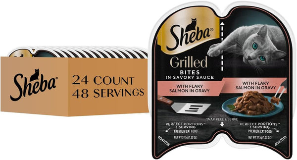 Sheba Perfect Portions Grilled Bites Wet Cat Food, Tuna, 2.6 Oz, 24 Ct | Real Tuna, Snap-Peel-Serve Twin-Pack Trays, Zero Leftovers, Shredded Grilled Strips, Aafco-Compliant, 48 Servings10