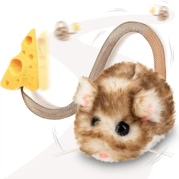 Migipaws Interactive Migimouse Cat Toy 360° Rolling & Spin with Mesh Plastic Tail for Indoor Cats Smart Motion Sensor, Realistic Squeak, Rechargeable Plush Kitten Toy(Brown Long)1