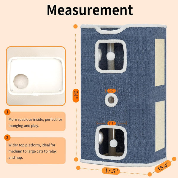 Cat House, Cat Beds for Indoor Cats, 3-Story Cat Condo Cube with Scratch Pad and Fluffy Ball Hanging, Multi-Level Cozy Hideout Center Ideal for Small/Medium Cats6