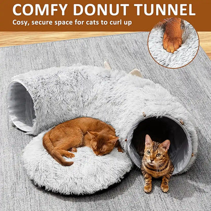 Cat Tunnel with Cat Bed for Indoor Cats, under Christmas Tree Soft Plush Peekaboo Cat Cave Donut Tunnel, Multifunctional Playground Toys Hideplace for Kittens, Rabbit, Ferret (Grey)4