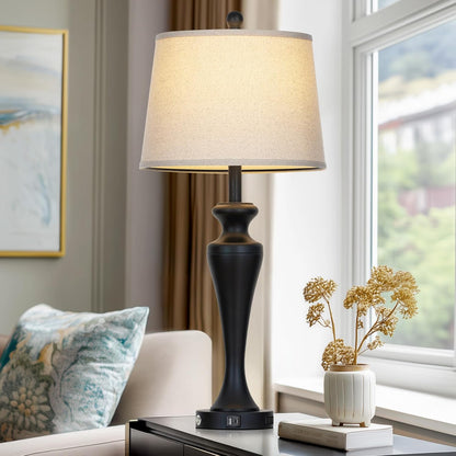 30 Inch Black Table Lamp Single, 3-Way Dimmable Touch Control Living Room Lamps with USB A+C Ports and AC Outlet, Tall Bedside Lamps for Nightstand, Modern Metal Bedroom Lamp, Bulb Included5