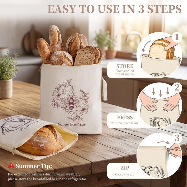Beeswax Sourdough Bread Bags with Wide Zipper Access, 2 Pack XL 13" X 17" Reusable Linen Cotton Bread Bags for Homemade Bread, Helps Maintain Crust & Freshness (Double-Sided Print Design)6