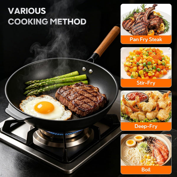 11.8-Inch Carbon Steel Wok, Pre-Seasoned with Advanced Nitriding Technology, Flat Bottom Stir Fry Pan, Lightweight Nonstick Surface, All Cooktops Compatible for Stir Fry, Pan-Fry, Steam, BBQ & Camping6