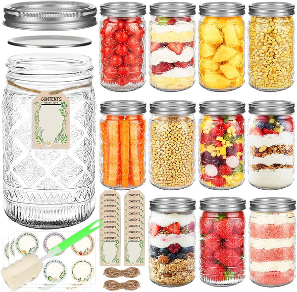 Wide Mouth Mason Jars 32Oz, 12-Pack with Airtight Lids and Bands | Quart Glass Canning Jars for Pickling, Food Storage, Fermentation, Overnight Oats; Includes Rustic Stickers, Tags, Brush1