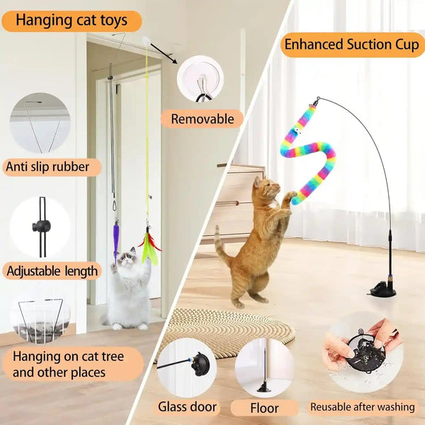 Soarer 4-In-1 Interactive Cat Wand Toy,12Pcs Durable Fishing Pole Cat Feathers Toys Replacements,Enhanced Suction Cup Cat Toy Floor,2 Types Door Hanging Cat String Toys for Indoor Kitten3
