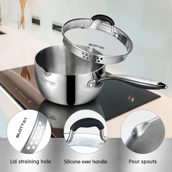 Tri-Ply Whole-Clad Stainless Steel Sauce Pan with Pour Spout,2.5 Quart Small Multipurpose Pasta Pot with Strainer Glass Lid, Saucepan for Cooking with Stay-Cool Handle.4
