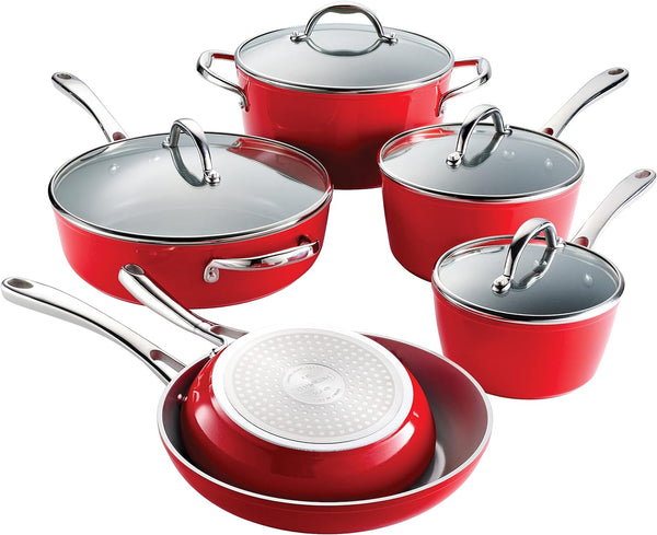 10-Pc Ceramic Non Stick Pots and Pans Set with Lids | Heavy-Gauge Aluminum Cookware Kitchen Set with Ceramic Nonstick Coating, Dishwasher and Oven Safe (Red)1