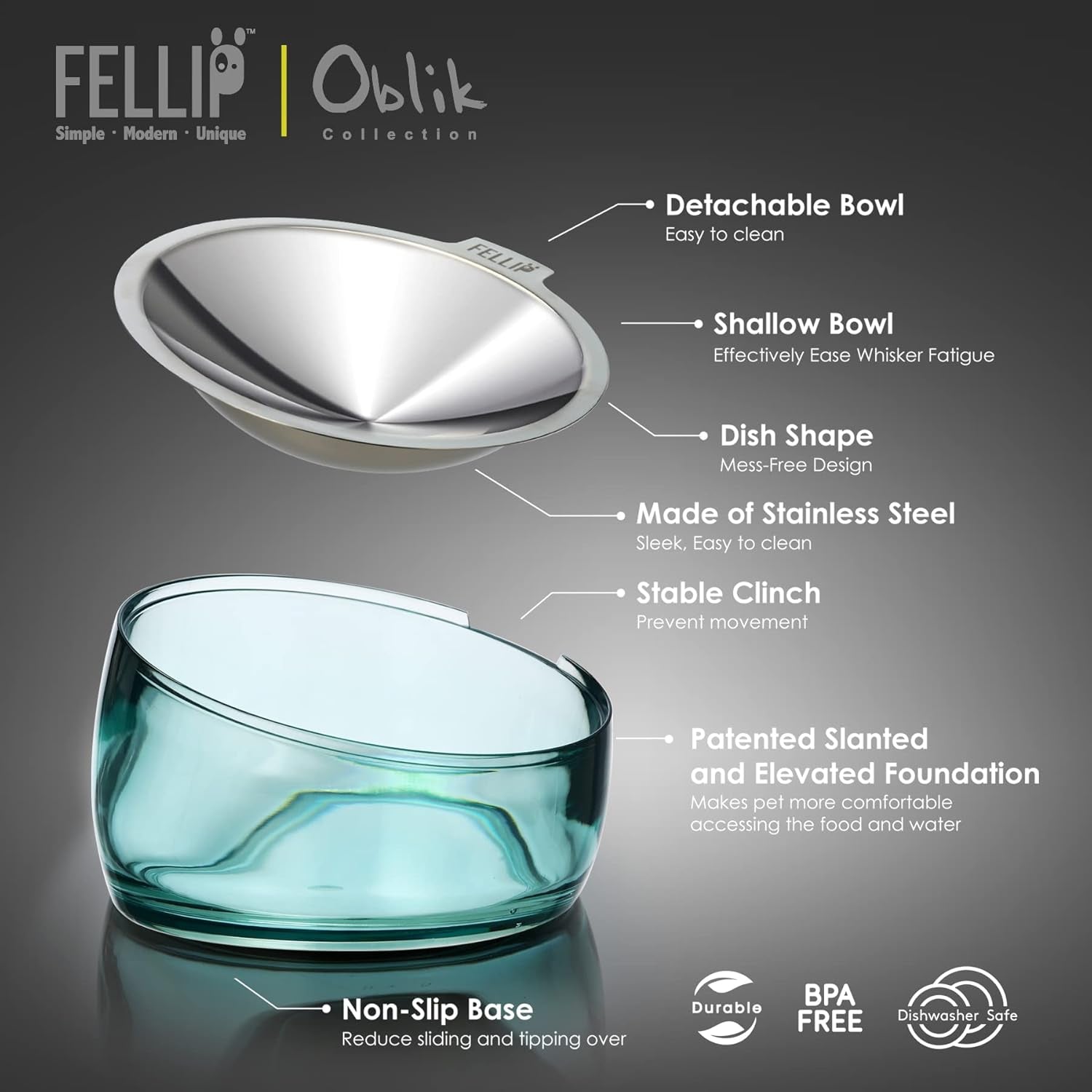 felli-oblik-elevated-cat-bowl-removable-stainless-steel-wide-dish-for-dry-wet-food-feeding-dishwasher-clean-slanted-whisker-fatigue-friendly-metal-plate-classic-0-5-cups-shallow-dish