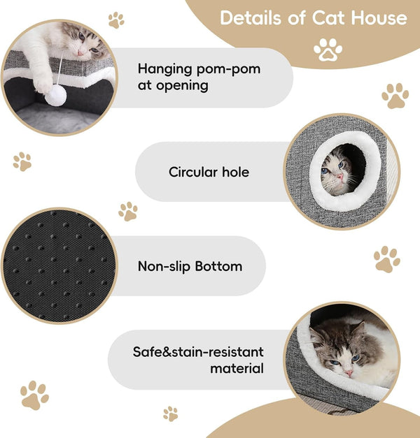 Cat Houses for Indoor Cats, Large Covered Cat Cave Beds & Furniture with Scratch Pad and Fluffy Ball,Foldable Cat Hideaway for Kitten,16X16X13 Inches, Grey5