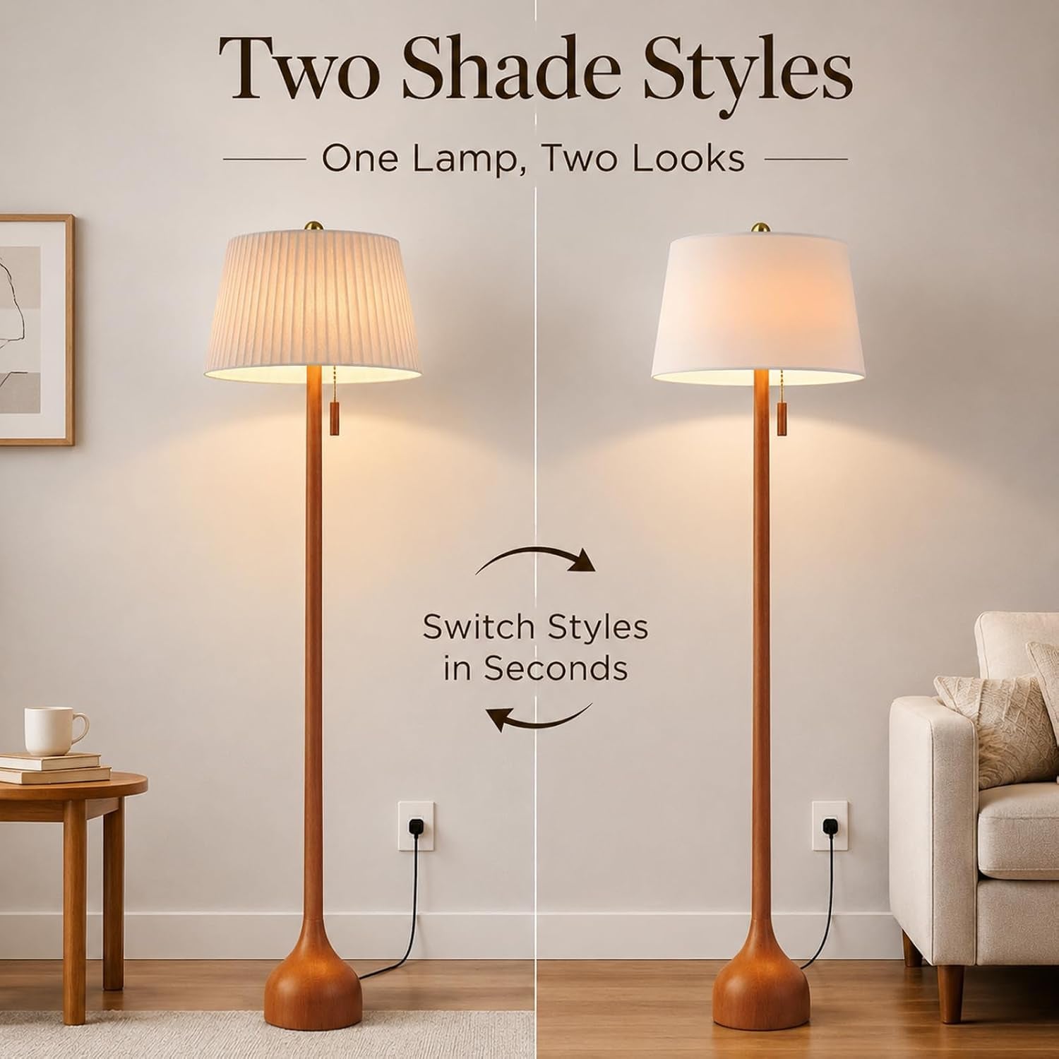 mid-century-modern-real-wood-floor-lamp-with-2-shades-for-two-looks-65-tall-sculptural-teardrop-base-wooden-pull-chain-vintage-standing-lamp-linen-shades-living-room-bedroom-bulb-included
