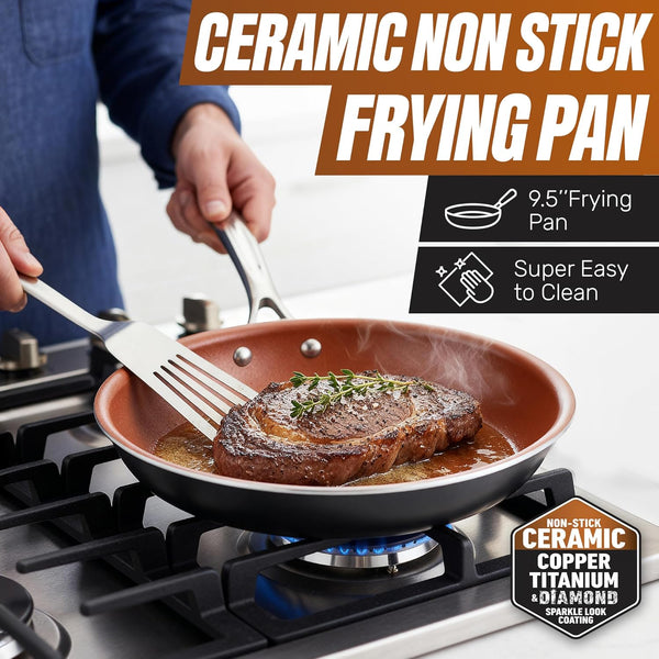 12 Pc Ceramic Cookware Set Nonstick, Ceramic Pots and Pans Set Non Stick with Steamer for Cooking, Non Toxic PFOA PFOS Free, Ergonomic Stay Cool Handles, Oven & Dishwasher Safe, Copper | Non Toxic PFOA/PFOS/PTFE Free Ceramic & Titanium Coating, Stay Cool Stainless Steel Handles, Dishwasher & Oven Safe, Copper4