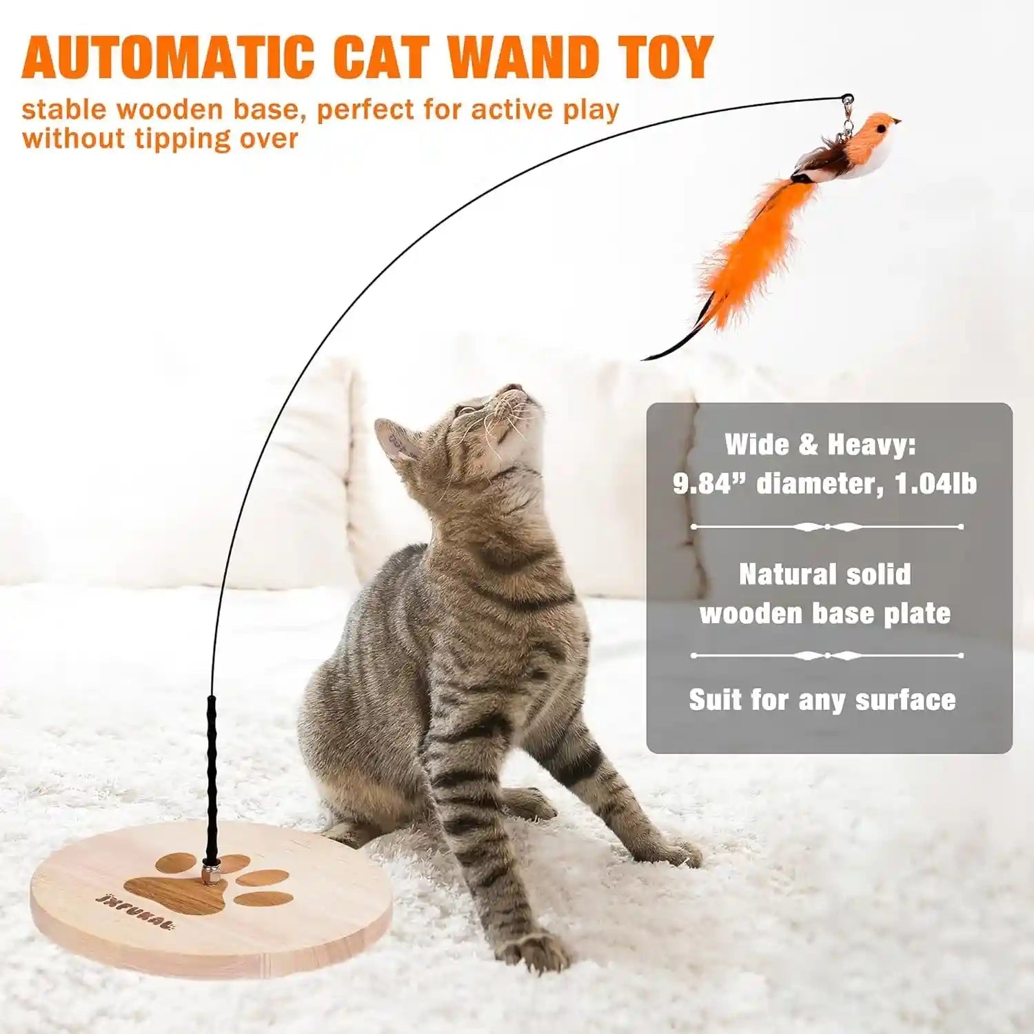 jxfukal-interactive-cat-toy-automatic-cat-wand-toy-with-stable-wooden-base-2-pcs-detachable-cat-teaser-5pcs-refills-replacement-hanging-elastic-string-kitty-kitten-toys-feather-spring-bird-toy