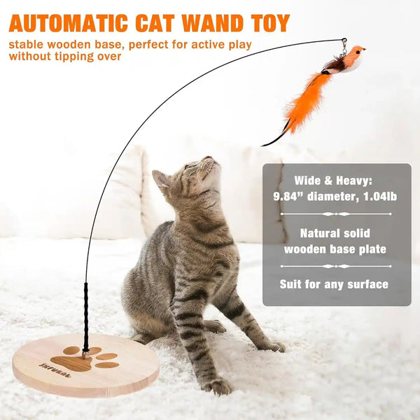 JXFUKAL Interactive Cat Toy, Automatic Cat Wand Toy with Stable Wooden Base, 2 PCS Detachable Cat Teaser, 5PCS Refills Replacement & Hanging Elastic String, Kitty Kitten Toys Feather Spring Bird Toy2