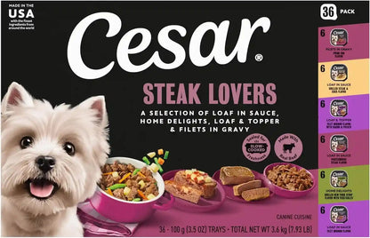 Cesar Wet Dog Food, Steak Lovers Variety Pack, 3.5 Oz, 36 Count | Real Meat #1 Ingredient, Easy Peel Trays, 100% Complete & Balanced, No Fillers, No Added Sugar, No Artificial Flavors1