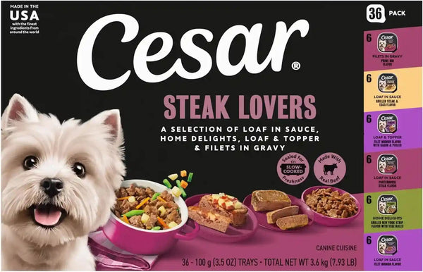 Cesar Wet Dog Food, Steak Lovers Variety Pack, 3.5 Oz, 36 Count | Real Meat #1 Ingredient, Easy Peel Trays, 100% Complete & Balanced, No Fillers, No Added Sugar, No Artificial Flavors1