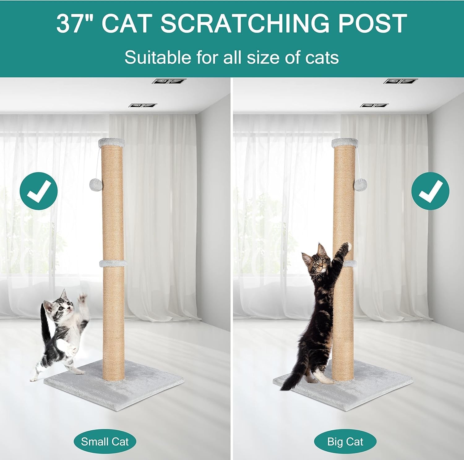 fluffydream-37-cat-scratching-post-natural-sisal-rope-scratcher-with-dangling-teaser-ball-and-covered-with-soft-plush-for-kittens-and-adult-cats-sand-color