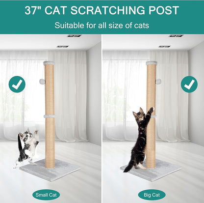 Fluffydream 37'' Cat Scratching Post, Natural Sisal Rope Scratcher with Dangling Teaser Ball and Covered with Soft Plush for Kittens and Adult Cats, Sand Color4