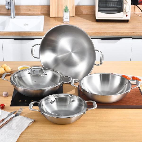13-Inch Stainless Steel Wok with Lid | 5.5-Quart | Dual Handles | Uncoated Tri-Ply Stir Fry Pan | Everyday Cooking Wok for Induction | Flat Bottom | PFOA-FREE | 4-5 Servings ﻿5