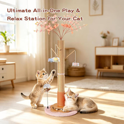 45" Tall Cat Scratching Post for Large Cats Adults | Grooming Brush, Track Ball, Spring Feeder & 3 Bee Toys, Sisal Rope Large Cat Scratcher Tree with Leaves for Indoor Cats, Pink8