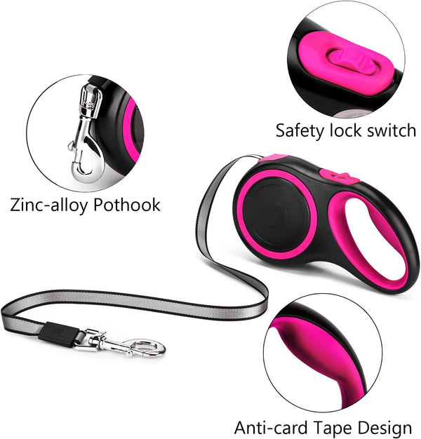 Segarty 26Ft Dog Leash Retractable, 8M Dog Leads Long for Medium Large Breed Pets 44-110Lbs, No Tangle Nylon Tape and 1 Button Break & Lock Heavy Duty Leash for Training Running, Pink2