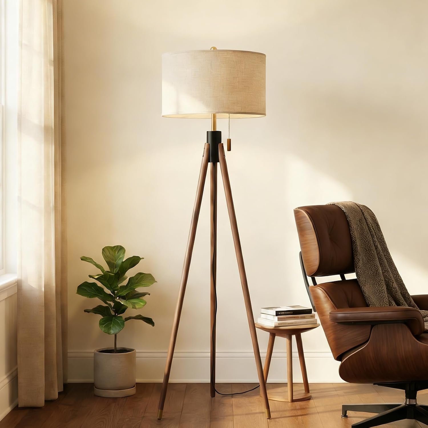 mid-century-tripod-floor-lamp-with-pull-chain-black-gold-finish-two-tone-solid-wood-design-linen-tapered-drum-shade-tall-standing-lamp-for-living-room-bedroom-reading-corner-bulb-included